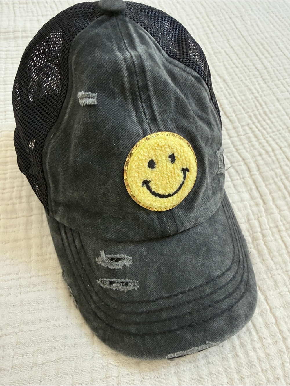 C.C. Boutique Black Distressed Baseball Hat with Ponytail Detailing